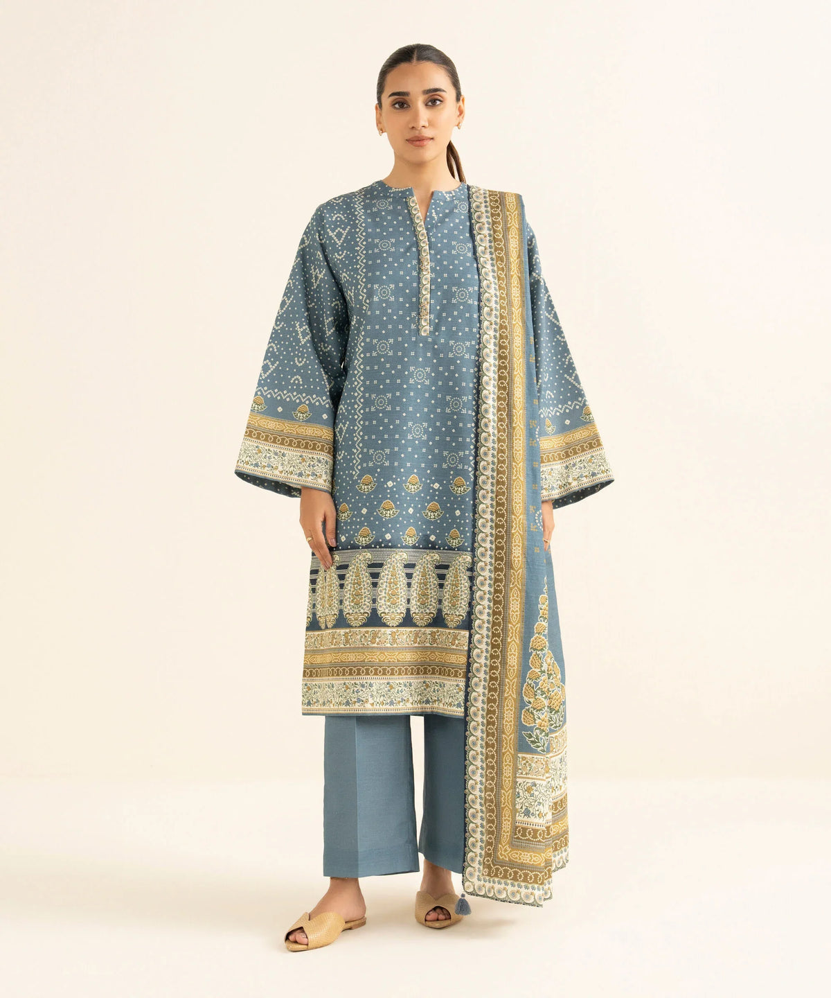 3 Piece - Printed Khaddar Suit