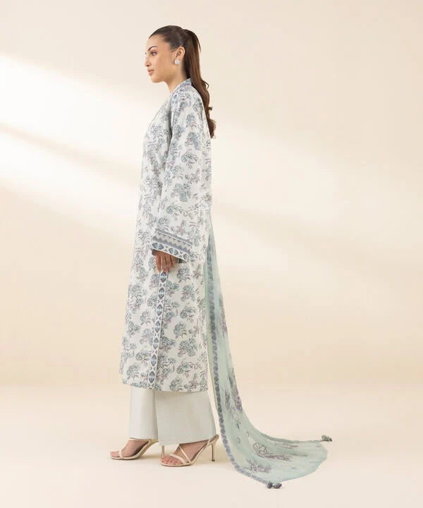 3 Piece - Embroidered Cotton Satin Suit