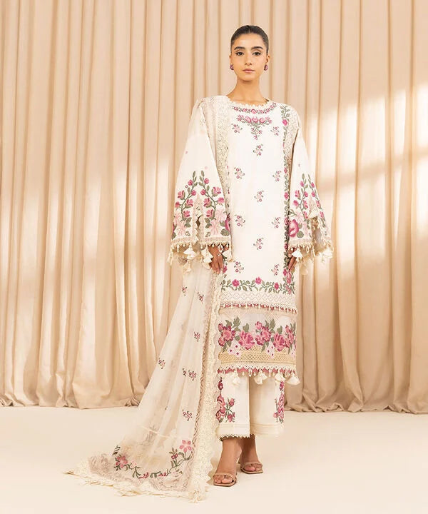 3 Piece - Embroidered Cotton Satin Suit