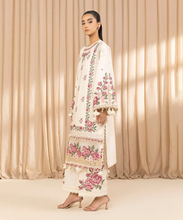 3 Piece - Embroidered Cotton Satin Suit