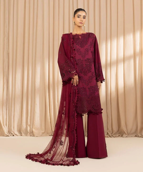 3 Piece - Embroidered Cotton Satin Suit