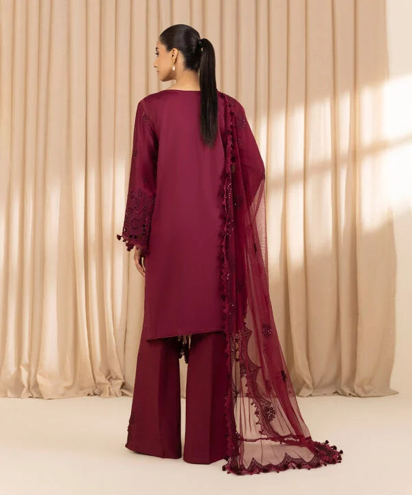 3 Piece - Embroidered Cotton Satin Suit