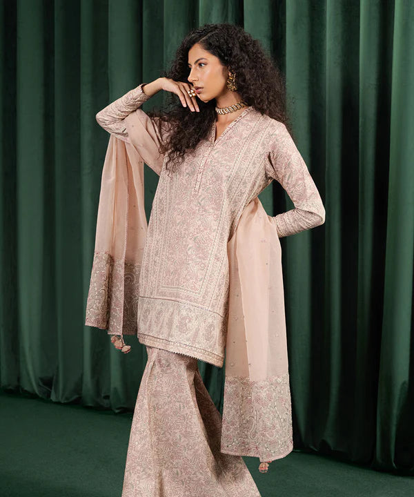 3 Piece - Embroidered Cotton Satin Suit