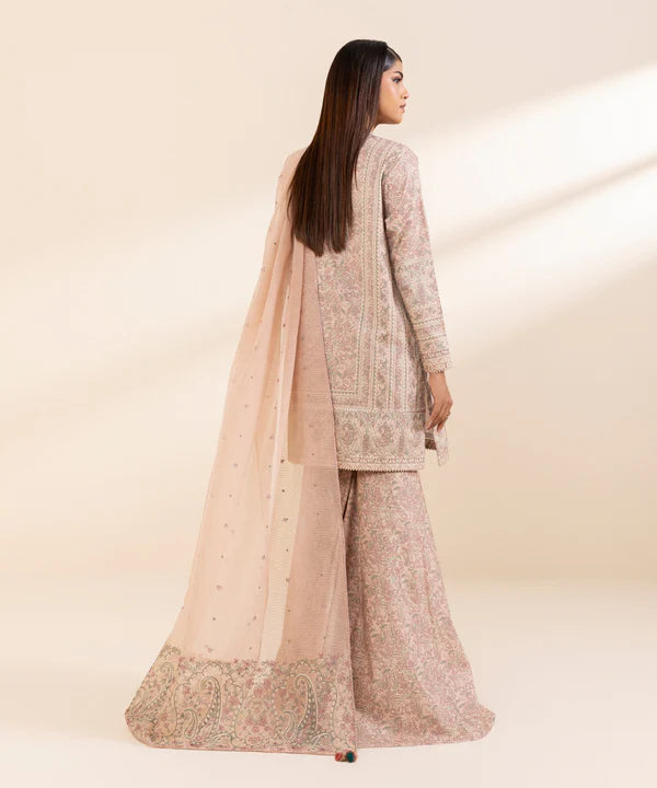 3 Piece - Embroidered Cotton Satin Suit