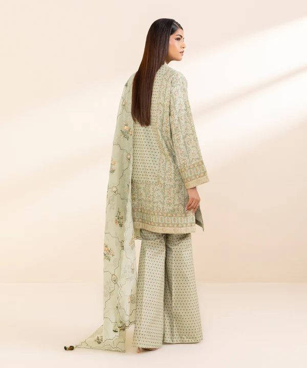 3 Piece - Embroidered Cotton Satin Suit