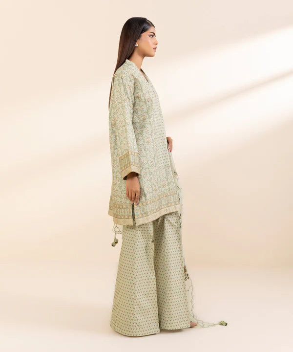 3 Piece - Embroidered Cotton Satin Suit