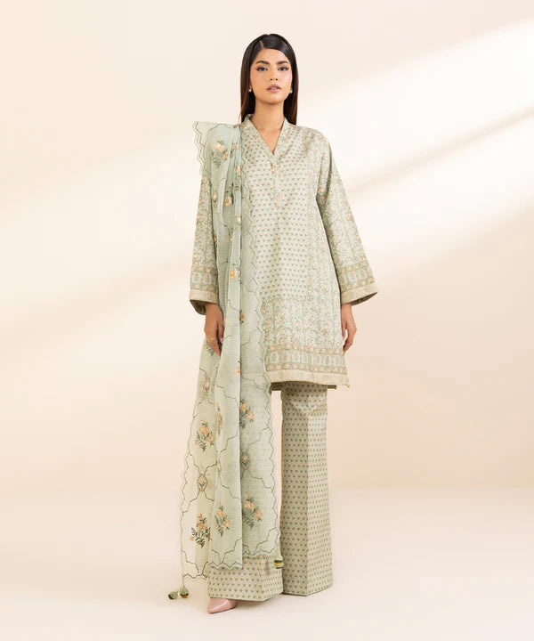 3 Piece - Embroidered Cotton Satin Suit