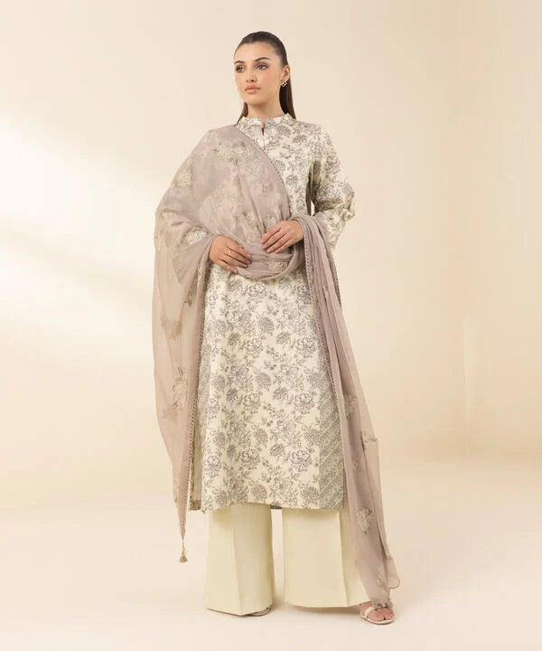 3 Piece - Embroidered Cotton Satin Suit