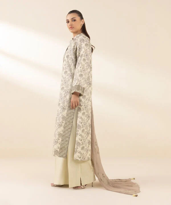 3 Piece - Embroidered Cotton Satin Suit