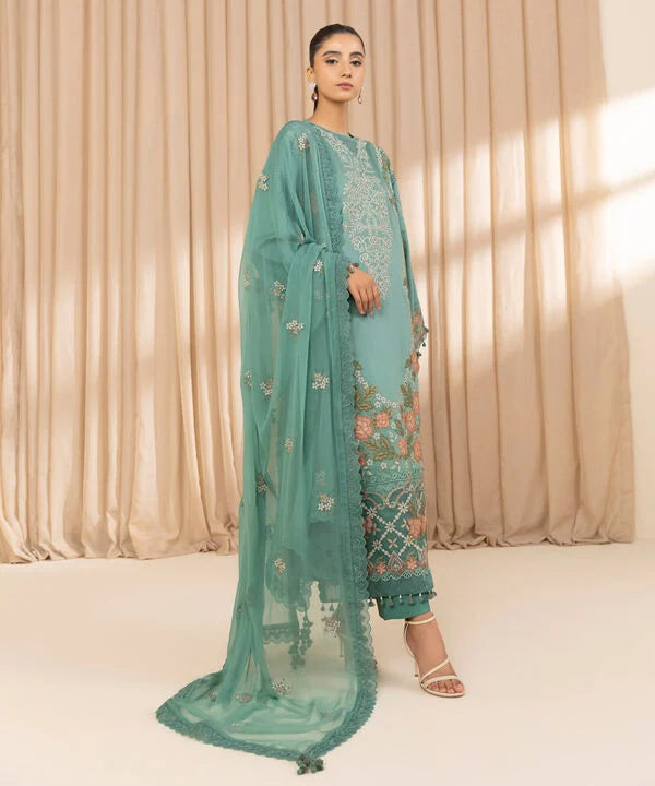 3 Piece - Embroidered Cotton Satin Suit