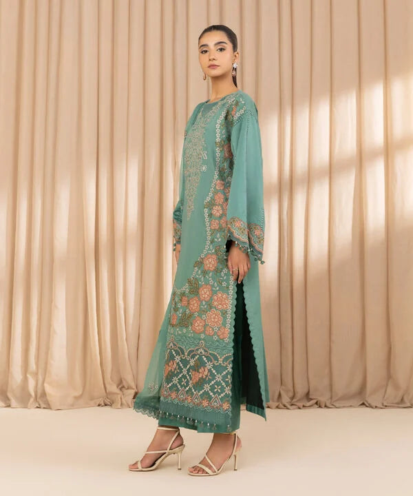 3 Piece - Embroidered Cotton Satin Suit