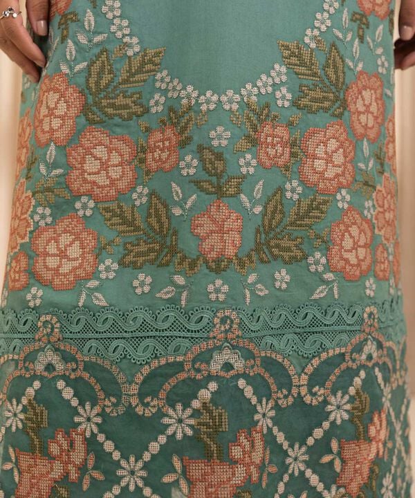 3 Piece - Embroidered Cotton Satin Suit
