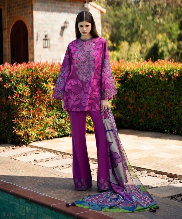 3 Piece - Embroidered Cotton Satin Suit