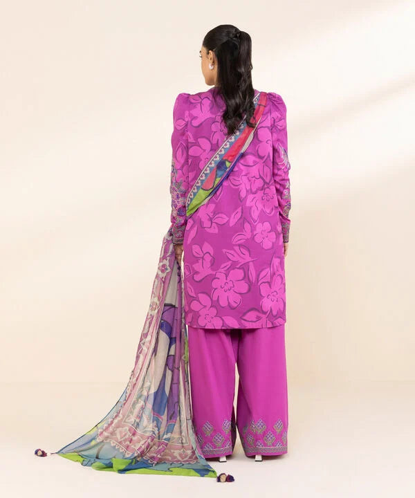 3 Piece - Embroidered Cotton Satin Suit