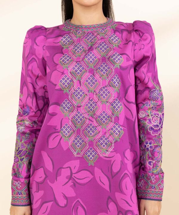 3 Piece - Embroidered Cotton Satin Suit